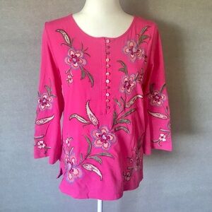 Johnny Was Pink Cotton Embroidered Long Sleeve Tunic